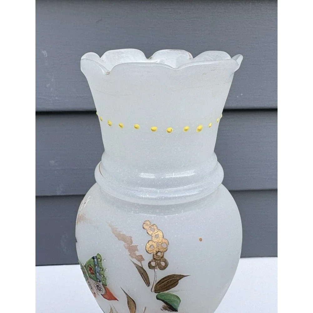 Antique Bristol opaline blown glass matched vases hand painted butterflies EVC